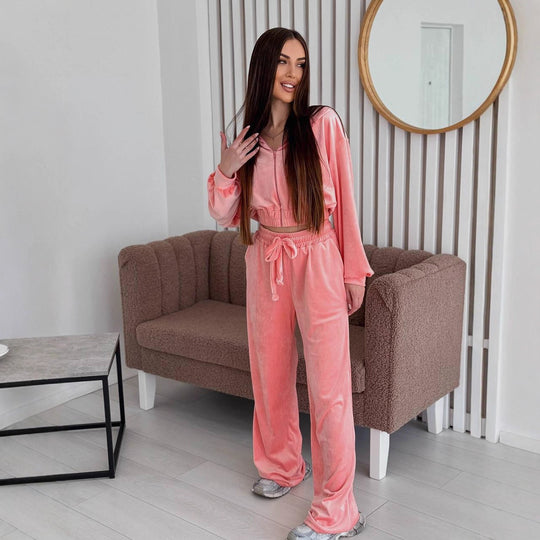 Damen elegantes Velours Lounge-Set mit cropped Oberteil und weitem Hosen R&B