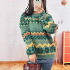 Damen Grobstrickpullover mit buntem Zickzackmuster und floralen Akzenten R&B