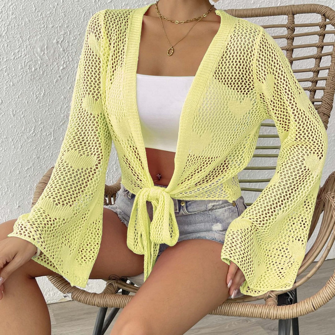 Damen luftiger Strick-Kimono mit offener Front und Kordelzug R&B