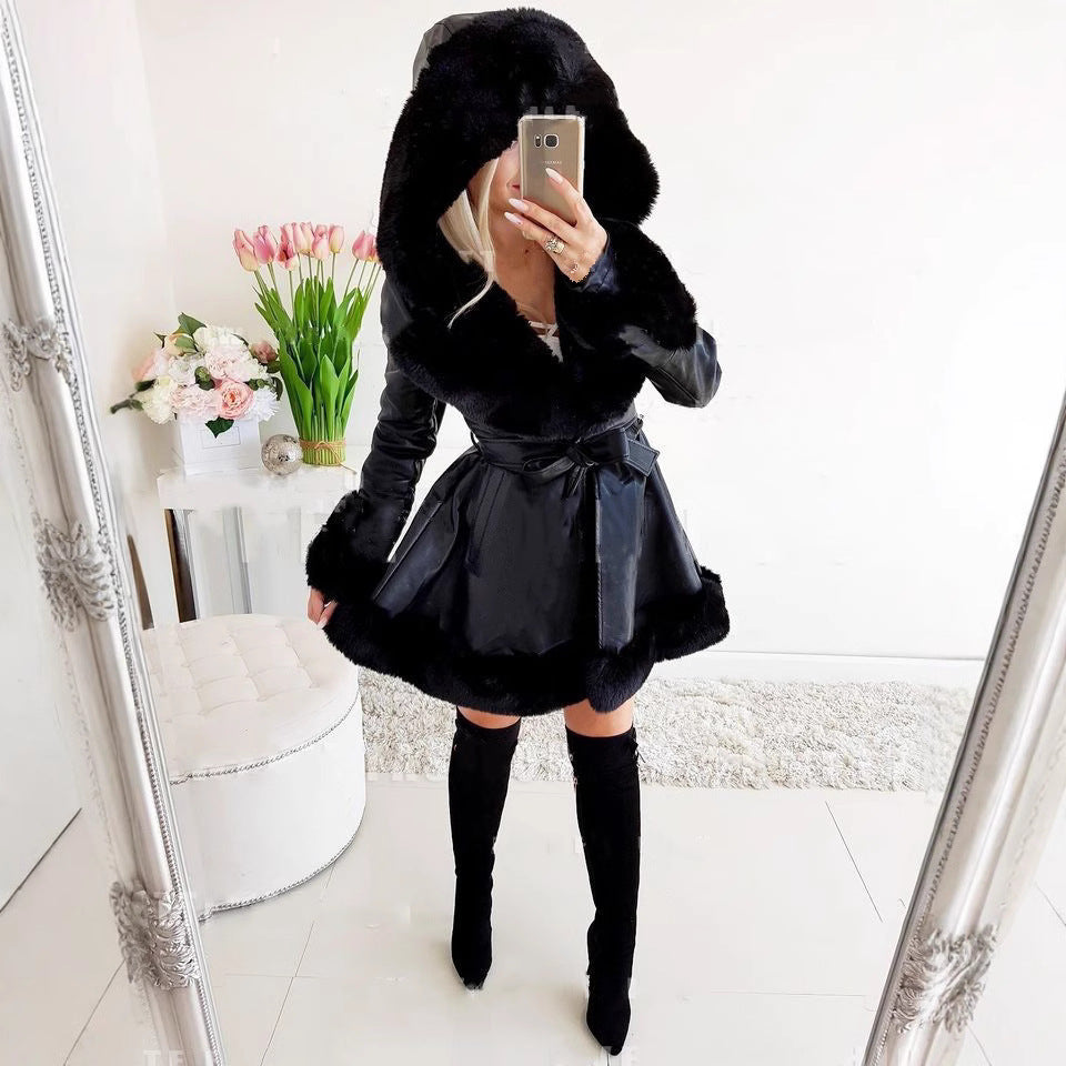 Damen modische Kunstlederjacke mit Teddyfutter R&B