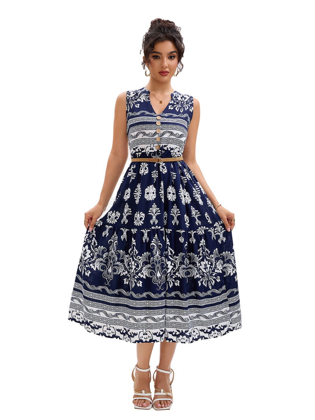 Damen Maxikleid mit dekorativem Knopfverschluss und floralem Muster R&B