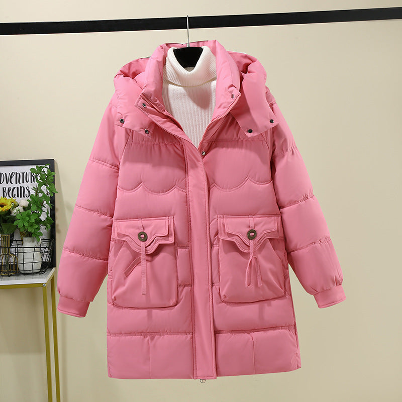 Damen Lange Pufferjacke mit praktischem Kapuzenkragen und großen Taschen R&B