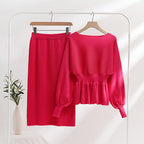Damen modisches Strick-Loungewear-Set mit gerafftem Oberteil und midi Rock R&B