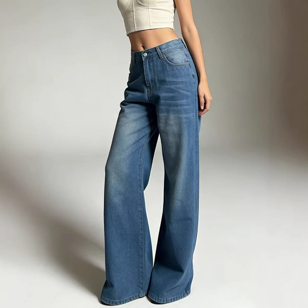 Damen weite Denim-Hose mit Vintage-Waschung und hoch geschnittenem Bund R&B