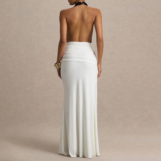 Damen Elegantes Maxikleid mit tiefem V-Ausschnitt und gerafftem Rock R&B