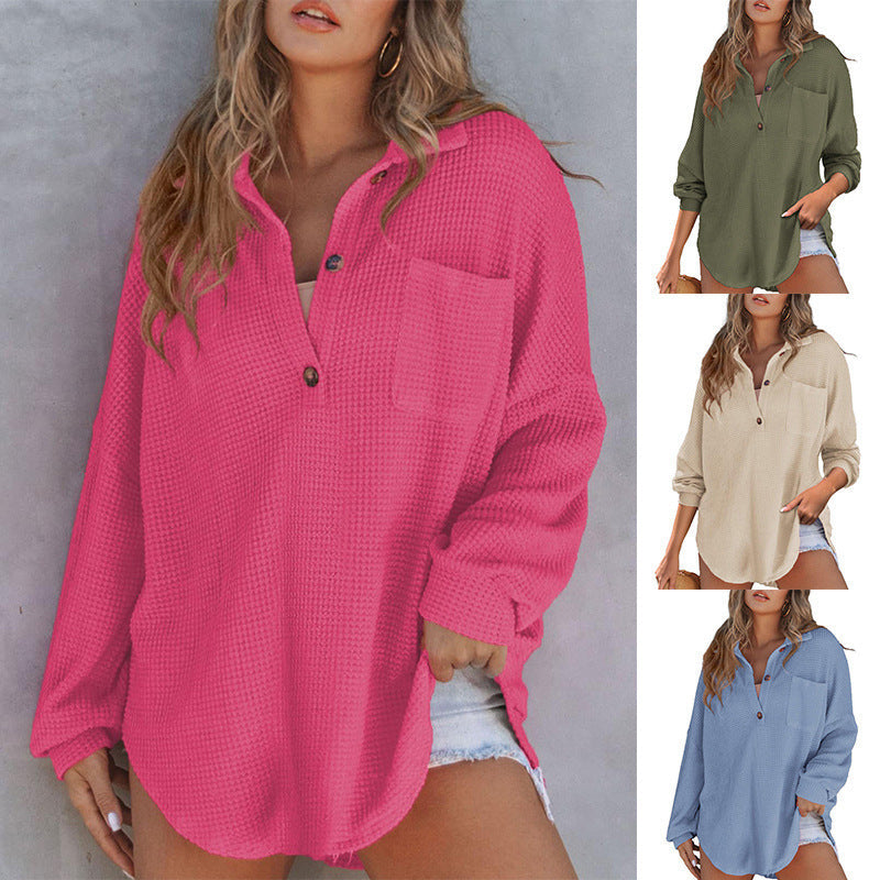 Damen Waffelstruktur Bluse mit Knopfleiste und Brusttasche R&B