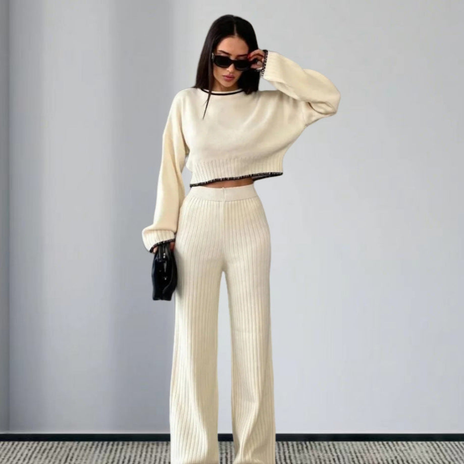 Damen elegantes Strickanzug mit weitem Bein und romantischen Ärmeln R&B