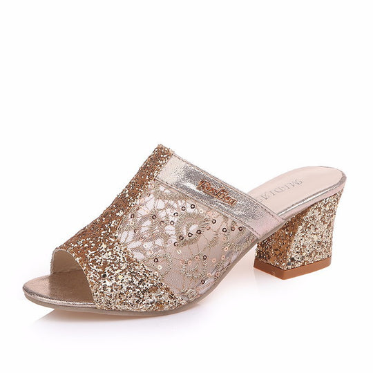 Damen nan elegante offene Pantolette mit feinem Netz, funkelnden Applikationen und mittelhohem Blockabsatz R&B
