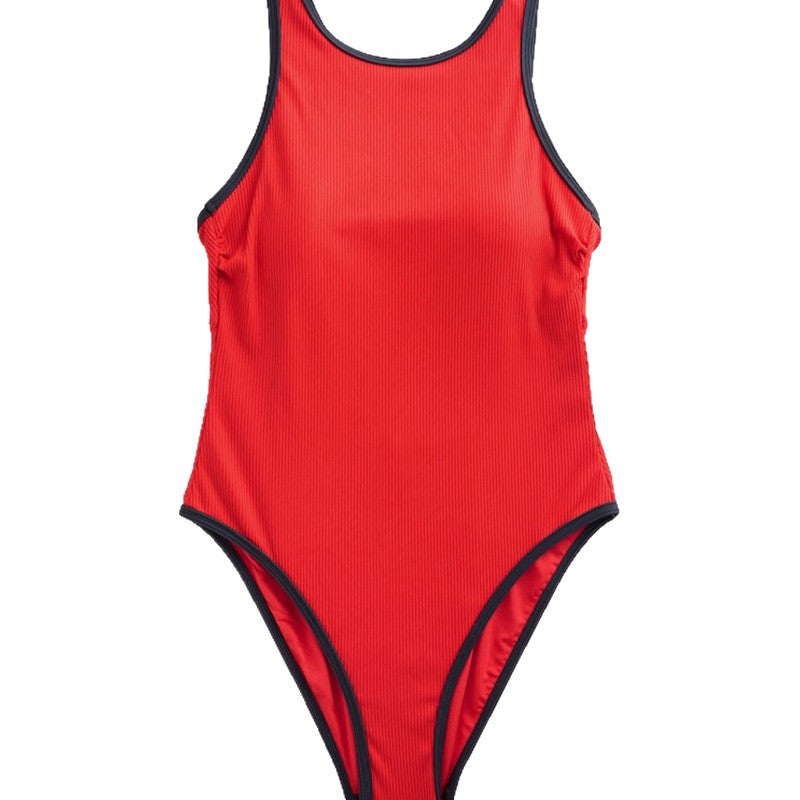 Damen sportlicher Einteiler Badeanzug mit Rippstruktur R&B