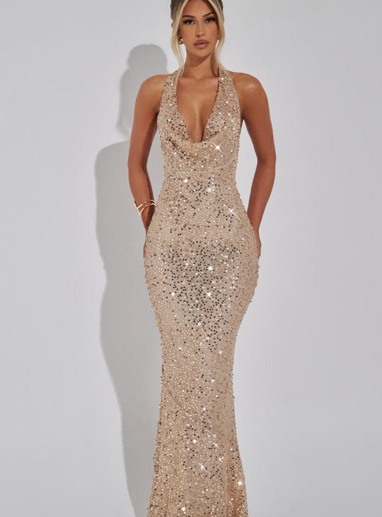 Damen Glamouröses Abendkleid mit funkelndem Paillettenbesatz und figurformendem Schnitt R&B