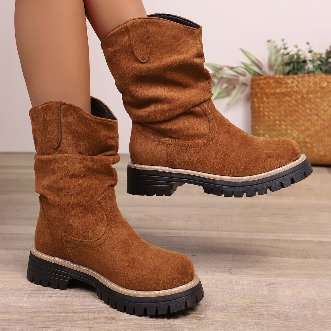 Damen weiche Wildleder-Stiefel mit lässigem Faltenlook und robuster Profilsohle R&B