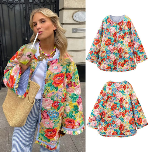 Damen Überwurfjacke mit buntem Blumenmuster und dekorativen Knöpfen R&B