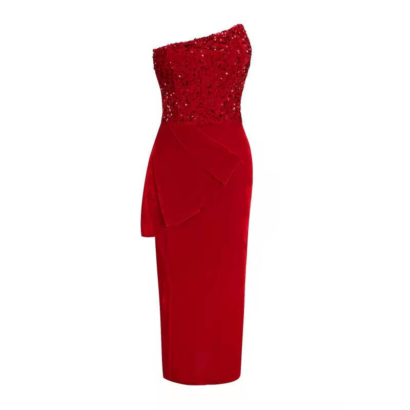 Damen Abendkleid mit asymmetrischem Ausschnitt und Pailletten