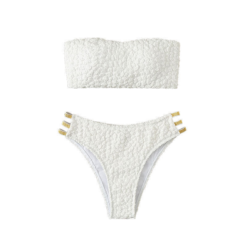 Damen Bandeau-Bikini mit dekorativen Riemen und strukturiertem Oberteil R&B