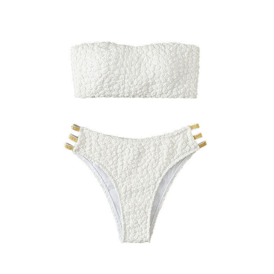 Damen Bandeau-Bikini mit dekorativen Riemen und strukturiertem Oberteil R&B