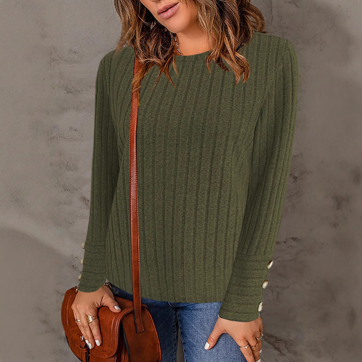 Damen Strukturierter Pullover mit modischen Knöpfen R&B