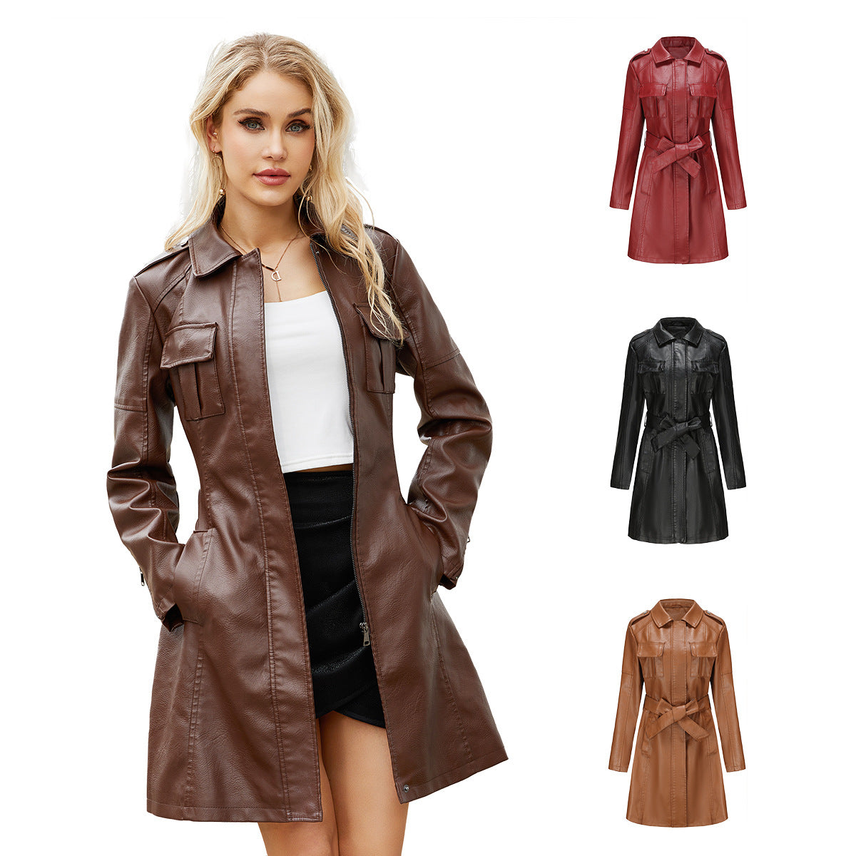 Damen modischer Trenchcoat aus hochwertigem Kunstleder