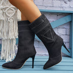 Damen Overknee-Stiefel aus hochwertigem Denim mit elegantem Absatz R&B