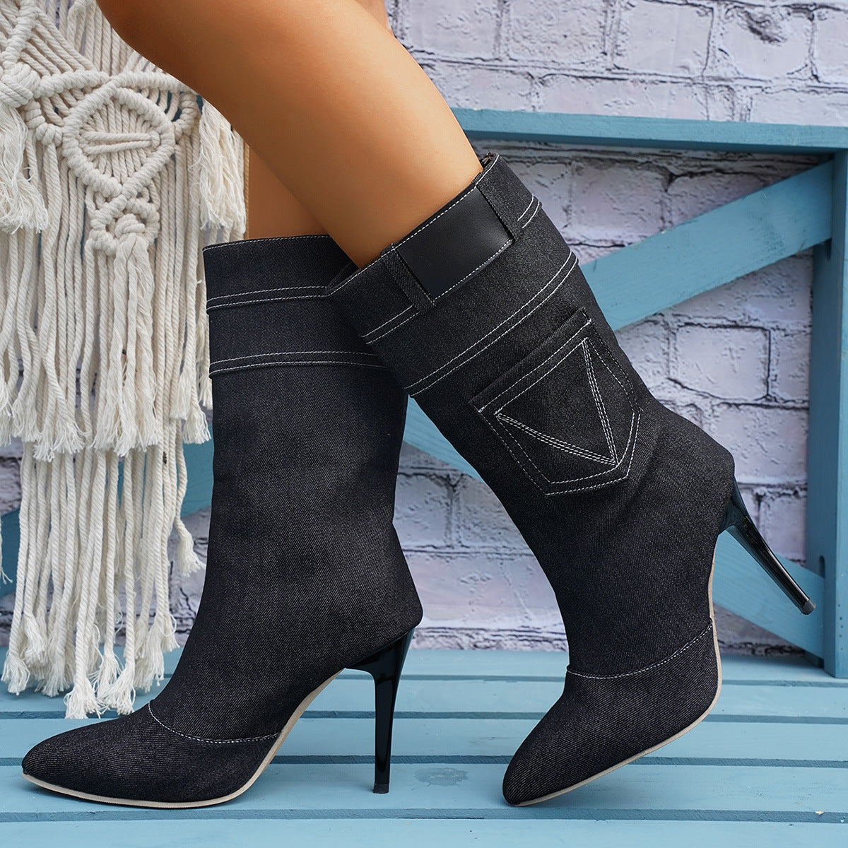 Damen Overknee-Stiefel aus hochwertigem Denim mit elegantem Absatz R&B