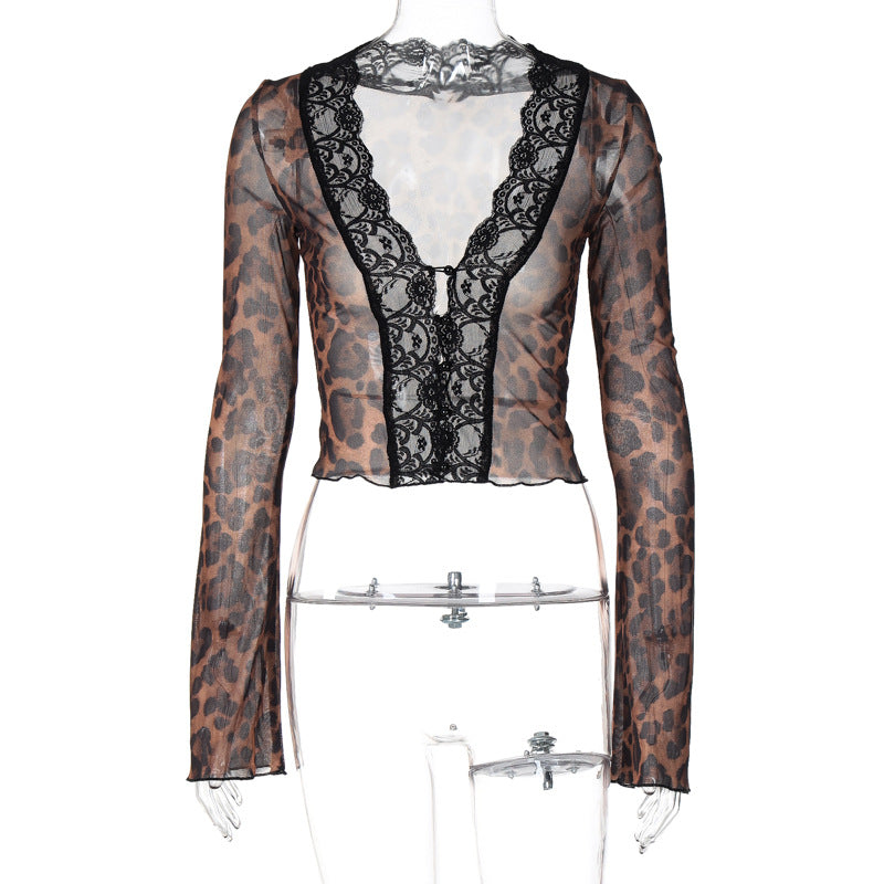 Damen Transparente Spitzenbluse mit Leopardenmuster R&B