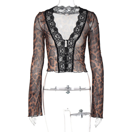 Damen Transparente Spitzenbluse mit Leopardenmuster R&B
