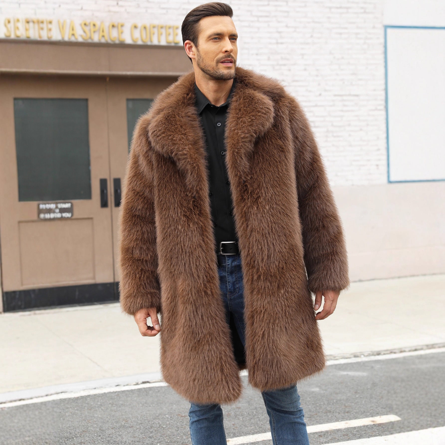 Herren Luxuriöse Kunstpelzjacke mit voluminösem Kragen R&B