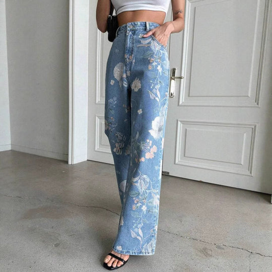 Damen Weite Denim-Hose mit floralem Muster und hohem Bund R&B