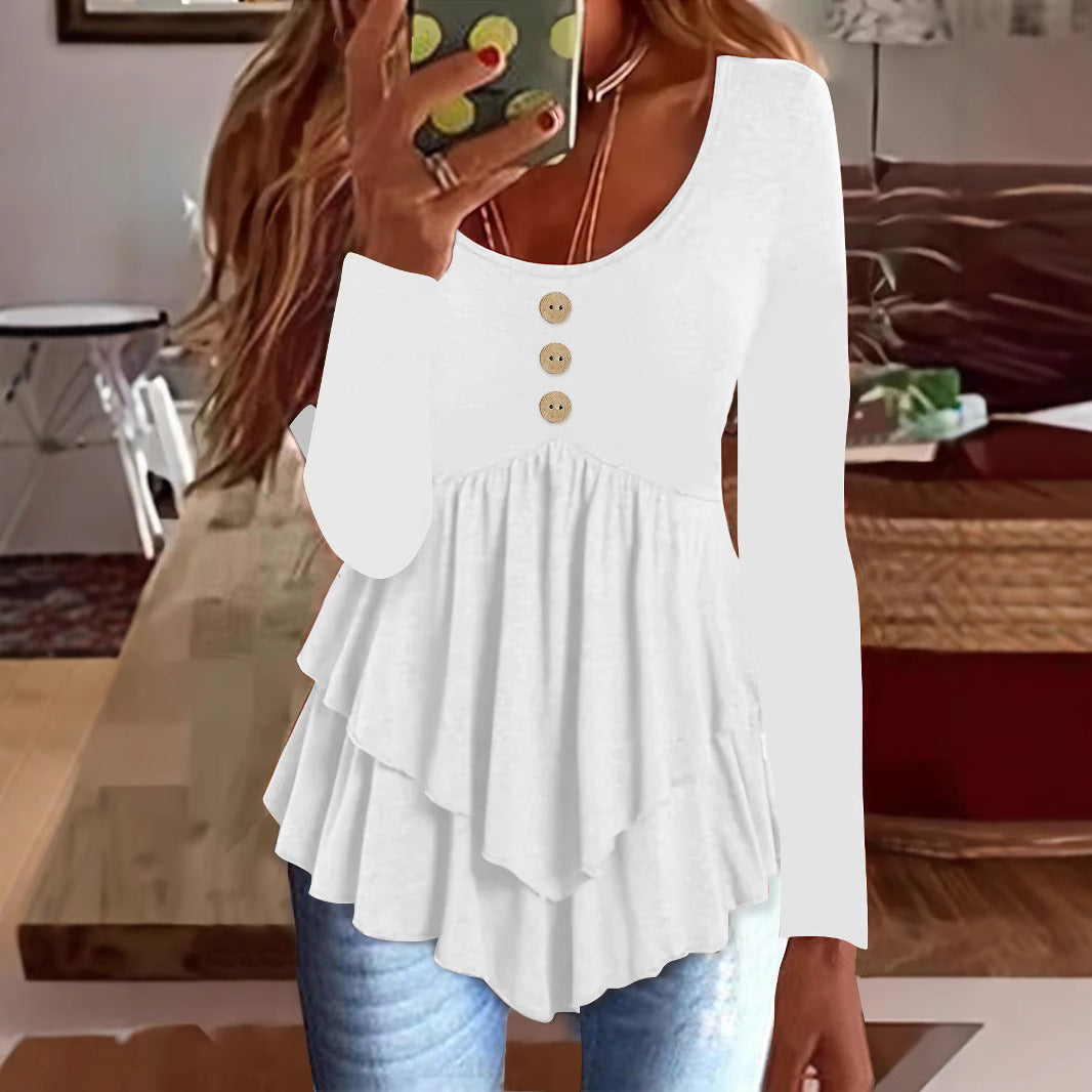 Damen Langarm Blusenshirt mit mehrlagigem Design und dekorativen Knopfdetails R&B