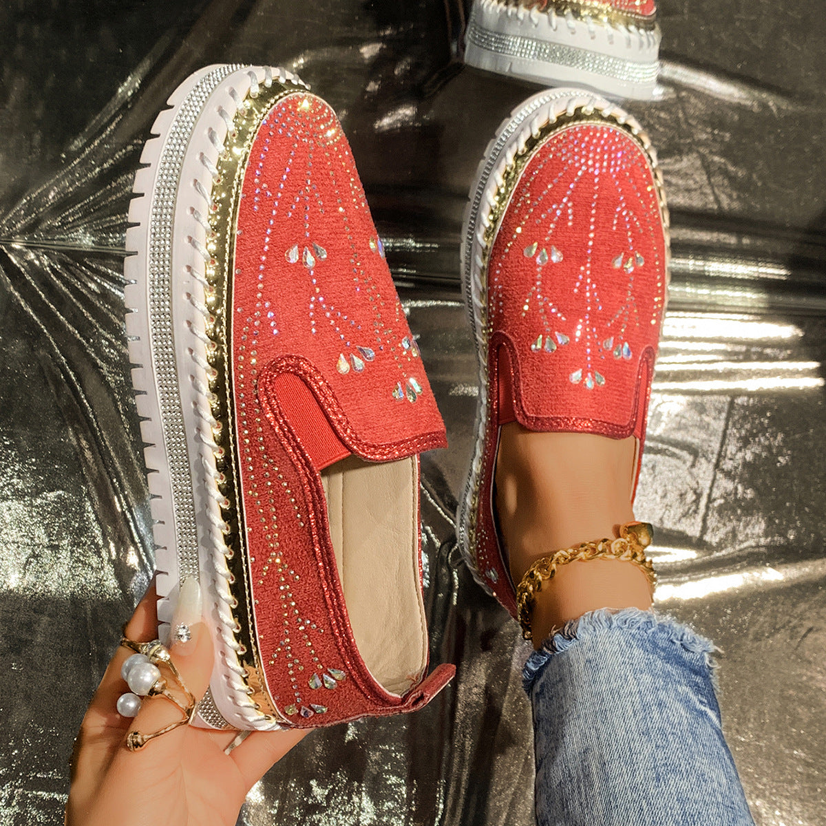 Damen Slip-On Sneakers mit funkelnden Applikationen und rutschfester Sohle R&B