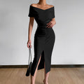 Damen figurbetontes Midi-Kleid mit Off-Shoulder-Ausschnitt und seitlichem Schlitz R&B