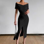 Damen figurbetontes Midi-Kleid mit Off-Shoulder-Ausschnitt und seitlichem Schlitz R&B