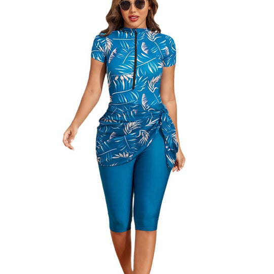 Damen Sportlicher Einteiler Badeanzug mit ergänzenden Leggings und Wickelrock R&B