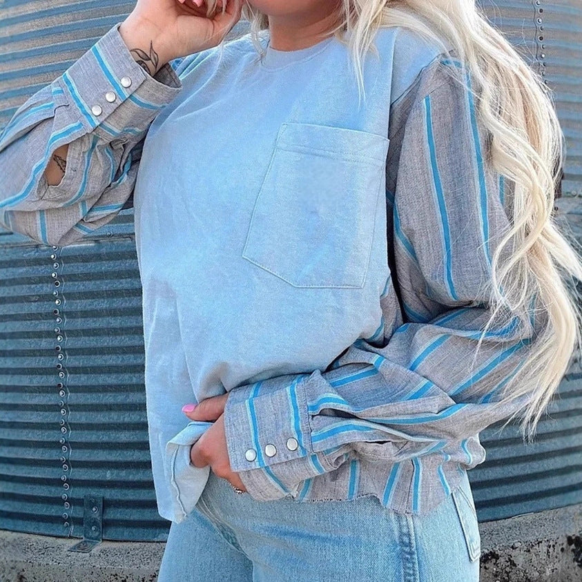 Damen nan Langarmshirt im Lagenlook mit Brusttasche und gestreiften Hemdärmeln R&B