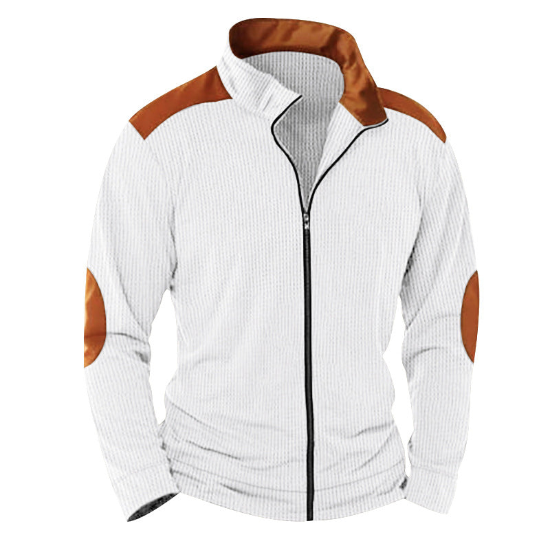 Herren nan strukturierte Strick‑Hybridjacke mit Stehkragen Kontrasteinsätzen und Ellbogenpatches R&B