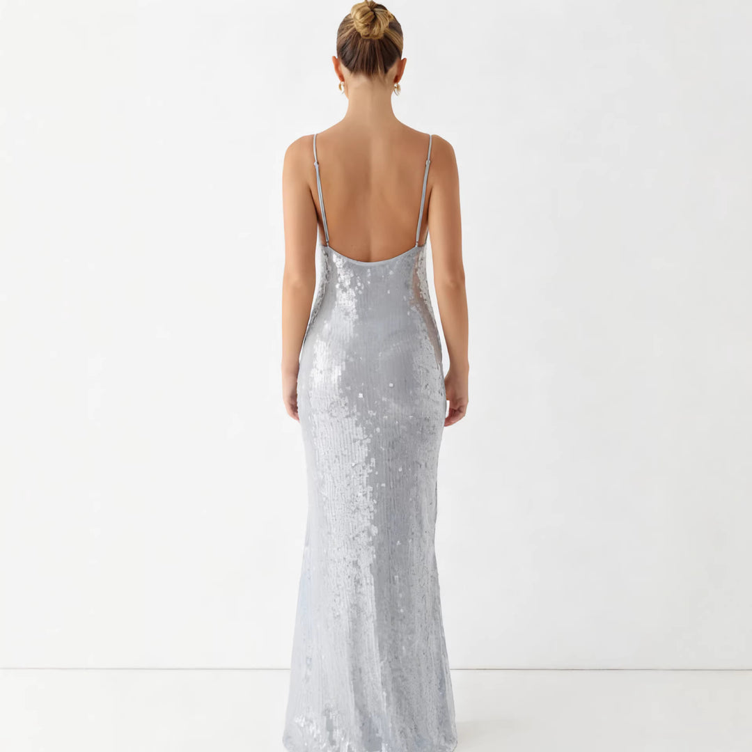 Damen Glamouröses Pailletten-Maxikleid mit schmalem Schnitt und feinen Spaghettiträgern R&B