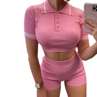 Damen Sportliches Kurzarm-Set mit hohen Bund und strukturiertem Stoff R&B