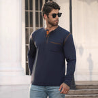 Herren nan Langarmshirt mit kurzer Knopfleiste Brusttasche und kontrastierenden Ziernähten R&B