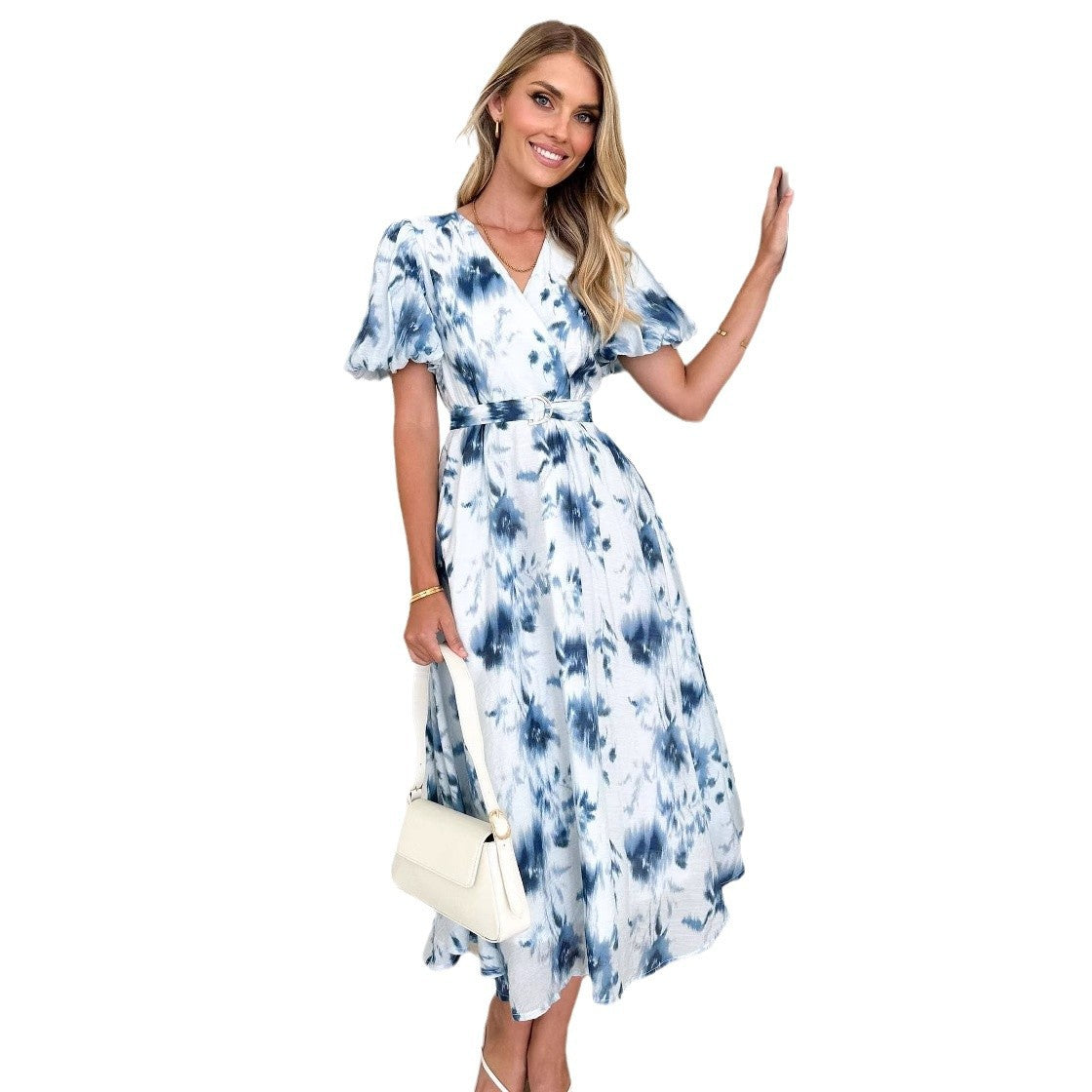 Damen Maxi-Kleid im lässigen Wickelstil mit voluminösen Ärmeln und Taillengürtel R&B