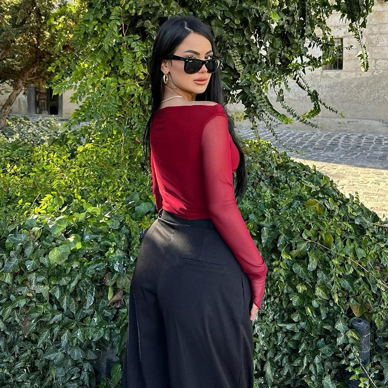 Damen elegantes Wickelshirt mit schulterfreiem Design und transparenten Ärmeln R&B