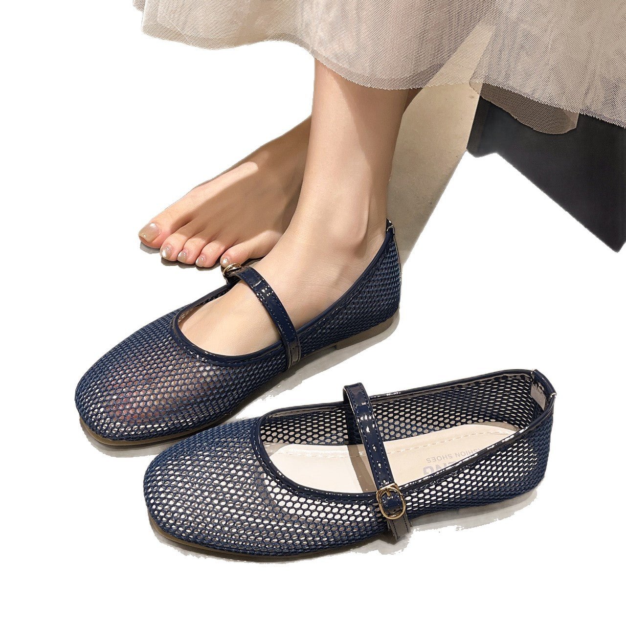 Damen Bequeme Mesh-Ballerinas mit verstellbarem Riemchen R&B