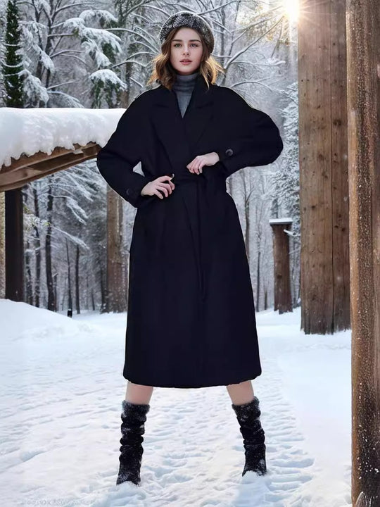 Damen eleganter Wollmantel mit Gürtel und weit geschnittenen Ärmeln R&B