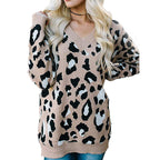 Damen Pullover mit Leopardenmuster und V-Ausschnitt R&B