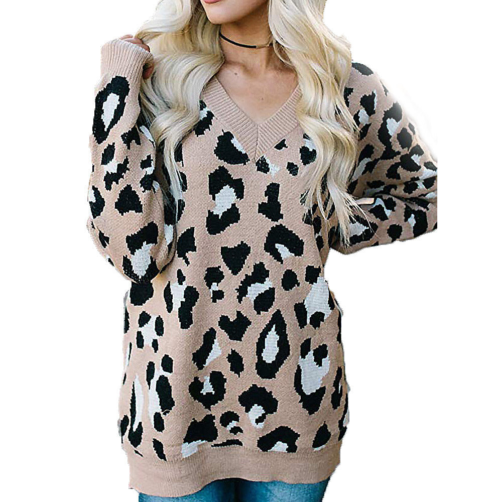 Damen Pullover mit Leopardenmuster und V-Ausschnitt R&B
