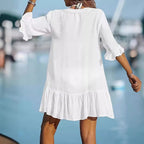 Damen Hemdblusenkleid mit schwingendem Volant und elegantem V-Ausschnitt R&B