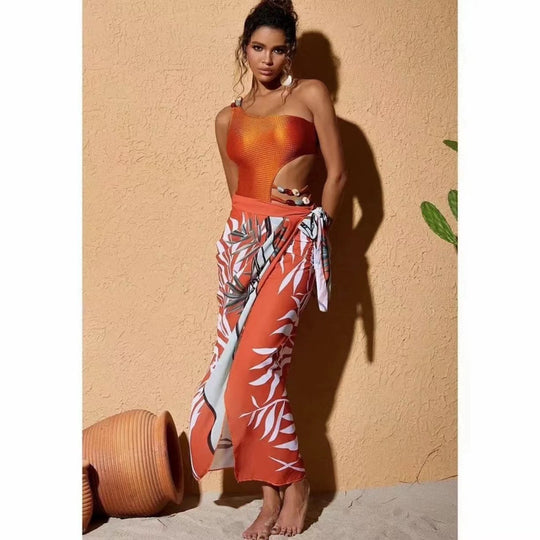 Damen Einteiler Badeanzug mit asymmetrischem Schnitt und floralem Wickelrock R&B