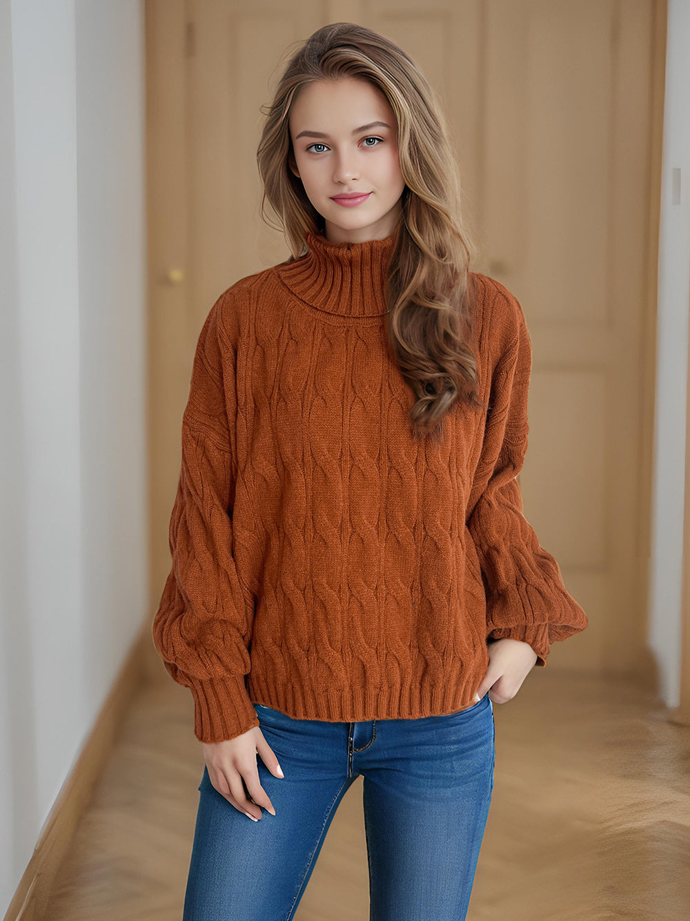 Damen Strickpullover mit hohem Kragen und strukturierter Zopfoptik R&B