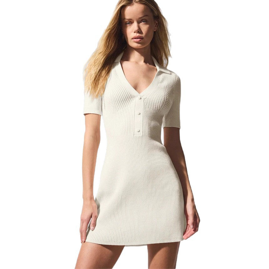 Damen Kurzarm Strickkleid mit Polo-Kragen und Knopfleiste R&B