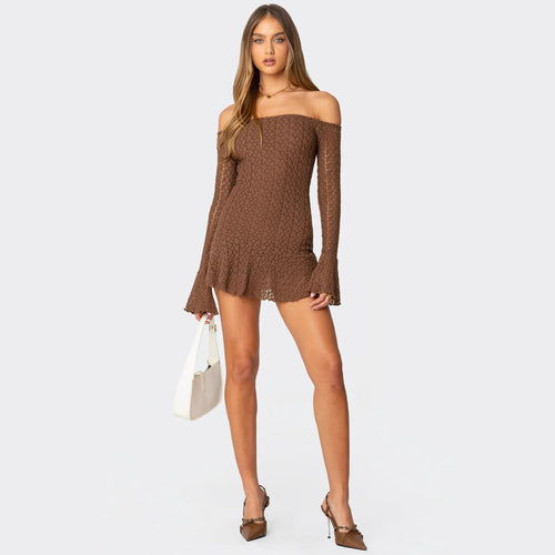 Damen Off-Shoulder Minikleid mit strukturiertem Häkelmuster und schwingendem Saum R&B