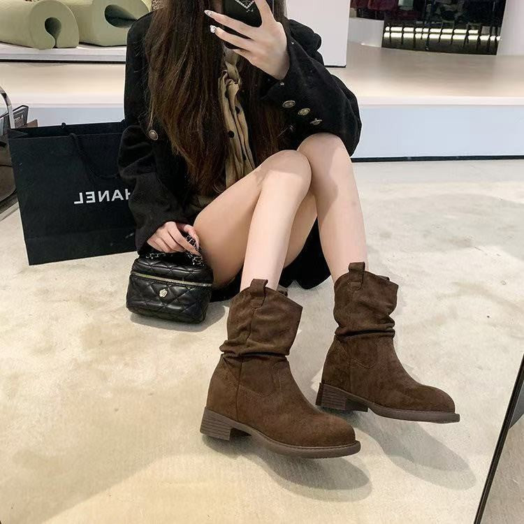 Damen Modische Stiefeletten mit lässigem Falten-Design und bequemem Blockabsatz R&B