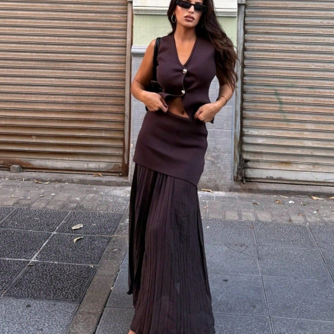 Damen elegantes Strick-Set mit asymmetrischem Rock und ärmelloser Weste R&B